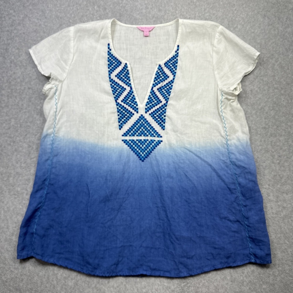 Lilly Pulitzer Breakers Row Top Large Blue Crush Ombre Linen Coastal Resort Wear